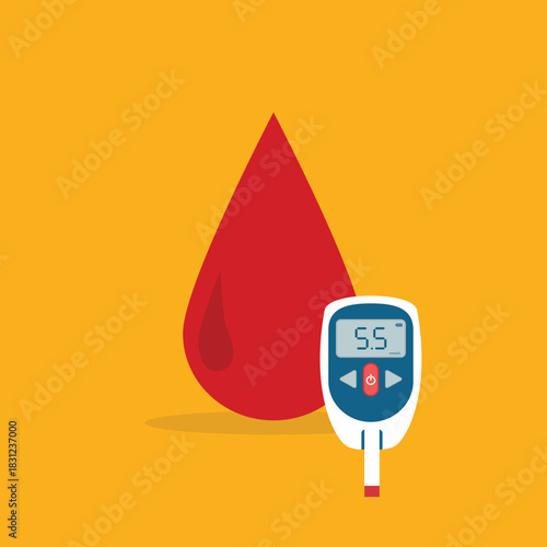 Glucometer and blood drop. Diabetic Glucose measuring device with border indication sugar level. Vector high glucose diabetes risk flat illustration	