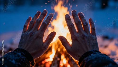 Close-up of snow-dusted hands warming by a bright bonfire against a cold, snowy night sky.