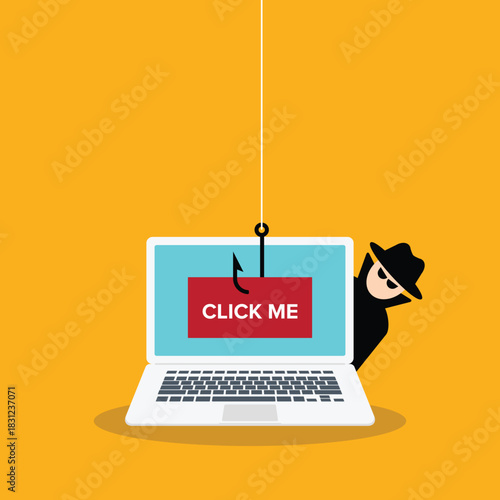 Click me bait used by Hacker, scammer trying to steal confidential data, personal information and credit card detail a laptop computer.	