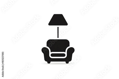 minimal black icon of a furnished room showing a couch or armchair optionally with a lamp or decor flat vector white background black clean lines modern minima.