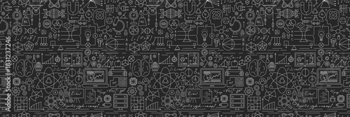 Physics Chalkboard Line Seamless Pattern. Vector Illustration of Education Outline BG. Linear Research Science Laboratory. Mechanics, Optics and Nuclear Texture.