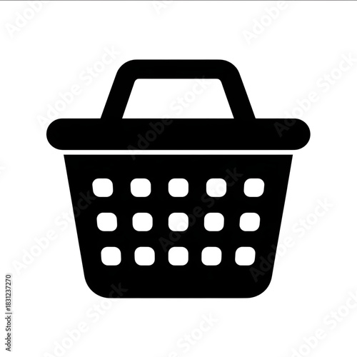 2d black shopping basket icon with white background.