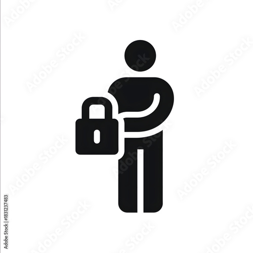 A simple vector icon of a man holding a large padlock minimalistic White background.