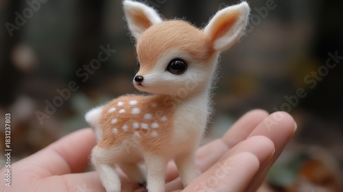A cute handheld fawn figurine showcases adorable features and fine detail, capturing the essence of wildlife in a charming and cuddly design suitable for collectors or kids.