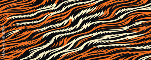 Dynamic abstract background of flowing wavy lines in orange, black, and white, creating a vibrant tiger stripe or flame pattern texture