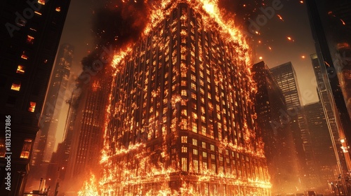 A dramatic depiction of a tall building engulfed in flames, depicting the raw power of fire and the chaos of an urban environment during a catastrophic event.