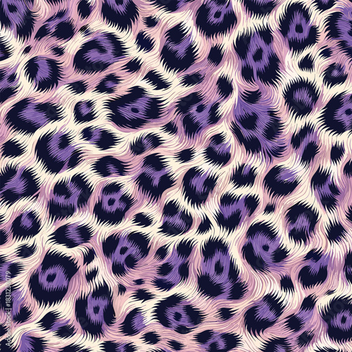 Stylish seamless leopard print with a modern stylized fur texture. A vibrant wild animal skin background in shades of purple and violet for contemporary design