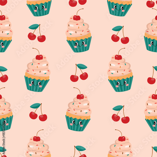 Groovy cupcake seamless pattern with cherries. Funny dessert with faces, cream, sprinkles. Red, pink, beige, blue colors. Print on fabric and paper. Vector food illustration. Cute design for textile.