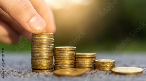 An image of a hand carefully stacking golden coins, symbolizing financial growth and investment strategies, representing wealth management and economic success for viewers.
