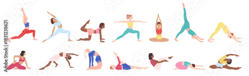Women do yoga and Pilates exercises cartoon set. Young ethnically diverse girls in bright clothes doing fitness stretching, meditation, sport training. Healthy wellness lifestyle vector illustration