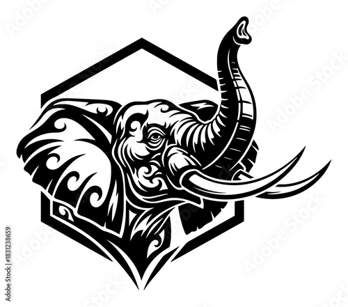 Stylized elephant head mascot logo, wild animal tribal badge vector illustration