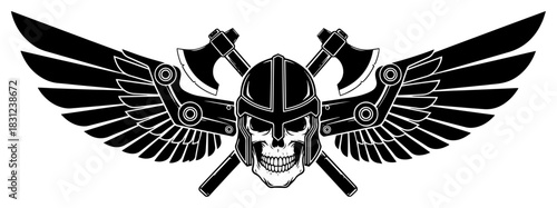 Skull with helmet and wings tattoo design, crossed axes warrior emblem vector illustration