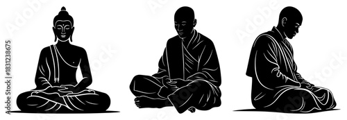Buddhist monks and Buddha meditating silhouettes, spiritual yoga peace vector illustration set