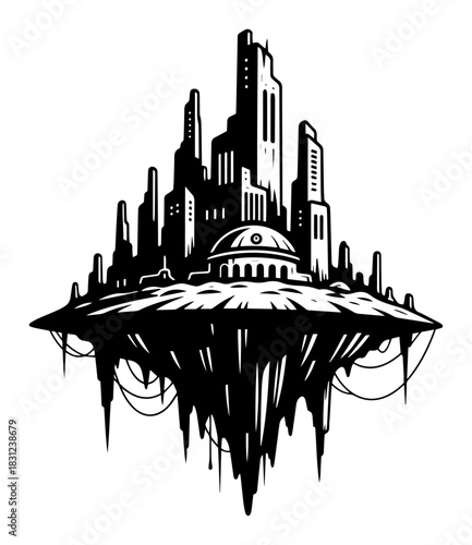 Futuristic floating city silhouette, sci-fi metropolis on flying rock vector illustration