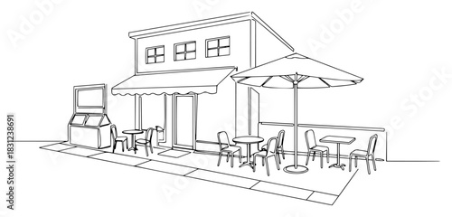 Cafe exterior street terrace one line drawing, coffee shop building vector illustration, restaurant facade sketch