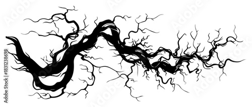 Spooky dead tree branch silhouette, twisted dry roots vector illustration for halloween
