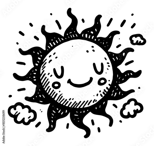 Cute smiling sun doodle sketch, happy summer weather character vector illustration