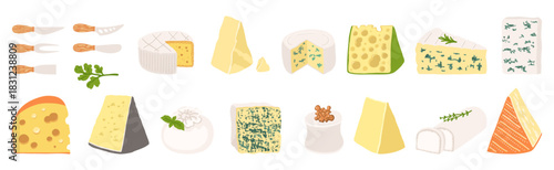 Cartoon style Cheese set illustration with hand drawn texture. Includes different types of cheese Brie, Camembert, Swiss cheese with holes, Parmesan. Vector colorful design for food or dairy projects