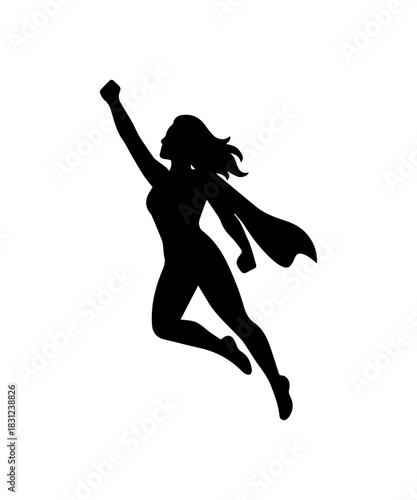 Superhero woman silhouette illustration. Simple icon with woman in cape with superpowers.
