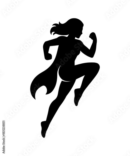 Superhero woman silhouette illustration. Simple icon with woman in cape with superpowers.