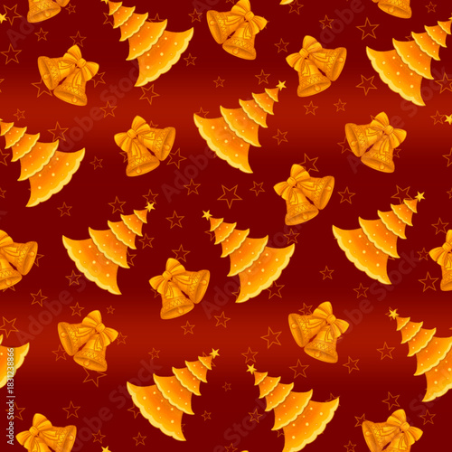Seamless Christmas pattern with Christmas trees and bells on a red background with bright gold stars. Vector illustration.