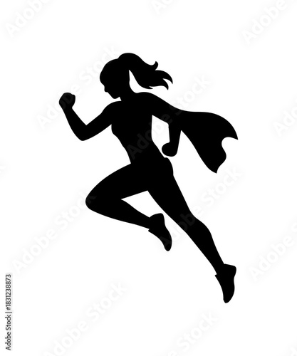 Superhero woman silhouette illustration. Simple icon with woman in cape with superpowers.