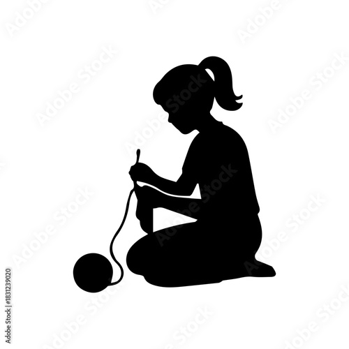 Simple abstract knitting girl silhouette, knit hobby icon.