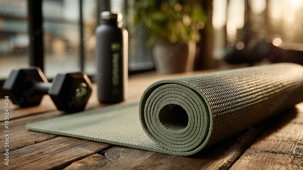 Fototapeta premium rolled green yoga mat on rustic wooden floor with dumbbell and water bottle for home fitness