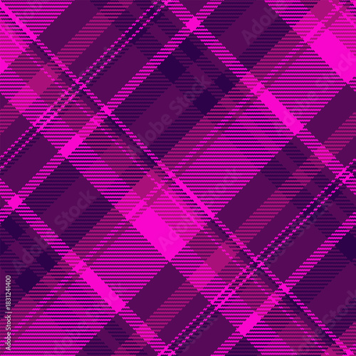 Elementary check fabric texture, poncho tartan seamless background. Periodic plaid textile vector pattern in purple and bright colors.