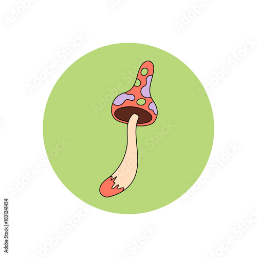 Groovy psychedelic mushroom shines as a colorful sticker label in a retro circle style. Funky magic design for y2k package lid, bold graphic for creative packaging with vibrant and nostalgic flair.