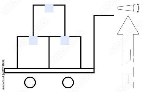 Cart stacked with boxes moving forward, arrow indicating progress, cone hinting at efficiency. Ideal for logistics, transportation, delivery, supply chain, business growth, efficiency innovation