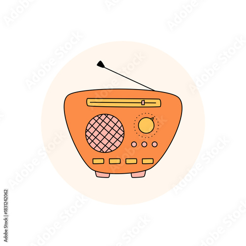Groovy retro radio badge in orange circle style sticker. Music box sticker with y2k seal, playful label and cool lid concept. Modern package accent for trendy pop product designs.