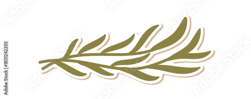 Flat green kraft mistletoe branch in cartoon graphic style sticker label. Party decor and box gift plant accent, flat element with natural look. Ideal for present or party pack design.