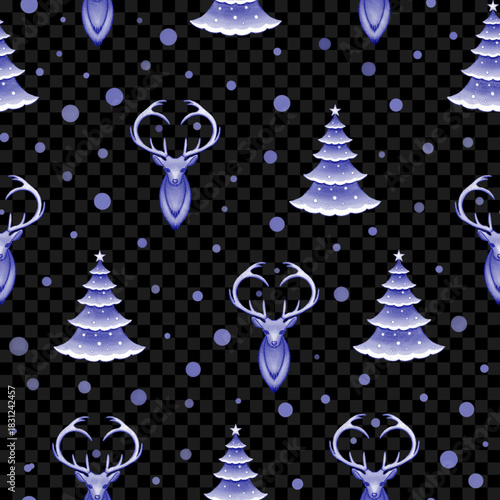 Seamless Christmas pattern with deer and Christmas trees with snow on a transparent background. Vector illustration.