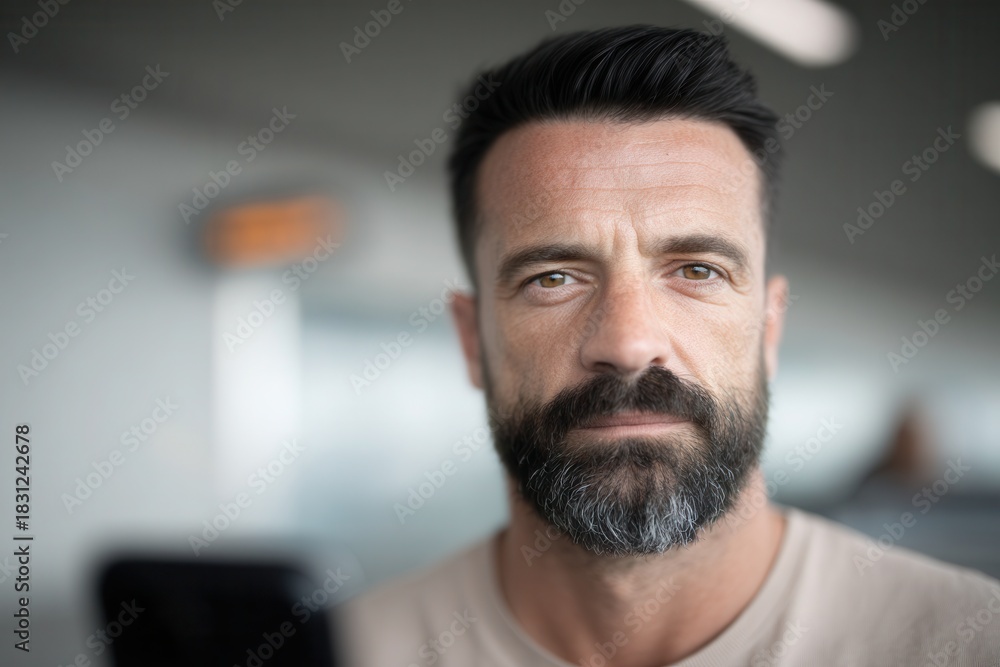 Fototapeta premium Portrait of adult man with a beard looking directly at the camera in an indoor setting