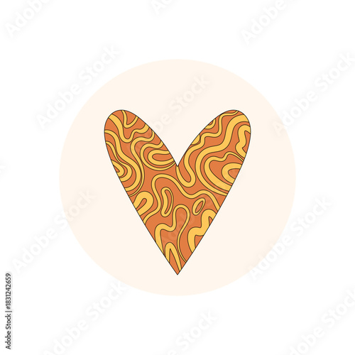 Groovy retro heart and circle sticker label with orange pattern gives a cool seal for box lid or package. This y2k inspired design creates a playful accent as modern, positive product tag.