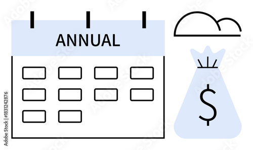 Annual calendar with bold title, dollar-symbol money bag, and abstract cloud representing finance management. Ideal for budgeting, profitability, goal planning, investment strategies, expense
