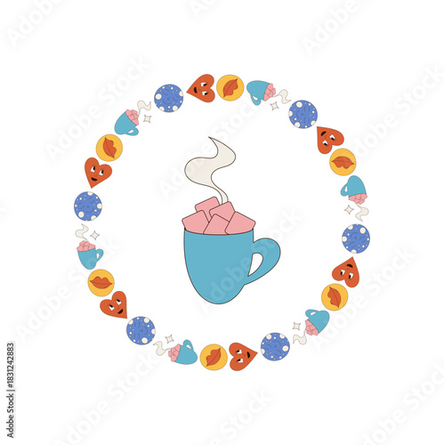 Groovy retro circle frame with blue cup in border pattern. Heart, smile, emoji and pink accent create playful y2k background for trendy art or pop fun decorative projects.