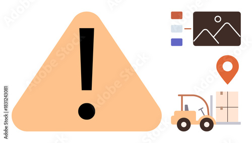 Exclamation mark inside triangle, forklift moving goods, map pin, and data chart. Ideal for logistics, delivery, safety, inventory supply chain alert systems efficient operations. Simple flat