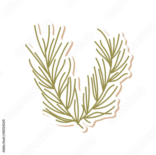 Cardboard pine branch holiday sticker decor in doodle style with green plant detail. Kraft christmas decor and gift box accent for winter holiday package presentation.