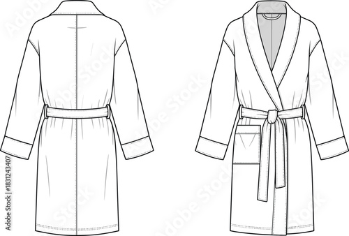 Flat Sketch Design of a Short Bathrobe or Dressing Gown with Shawl Collar, Tie Belt, and Patch Pocket, Front and Back.