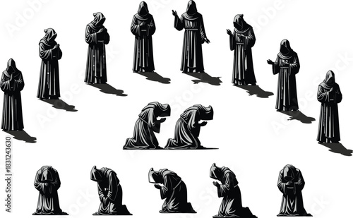 Medieval Monks in Robes Bowing and Standing, Vector Illustration of Religious Order, Cloister Life, and Historical Spirituality Concept Art
