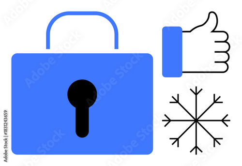 Security concept. Security visuals include a lock symbol, thumbs-up gesture for approval, and a snowflake icon uniqueness. Security for data, approval systems, and information safety. Ideal