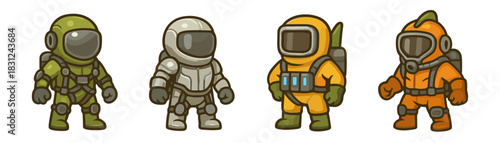 Cartoon space and hazmat suits variants icons set