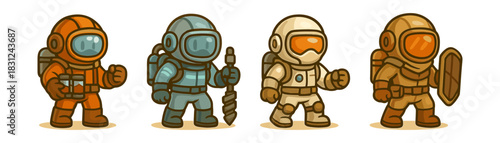 Cartoon space explorers characters icons set