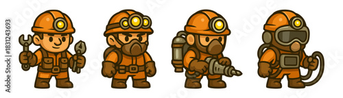 Cartoon miners and drillers characters icon set