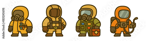 Cartoon radiation and industrial safety crew icon set