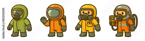 Cartoon protective suits with instruments icon set
