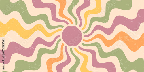 Groovy retro sun burst with abstract wavy rays in orange and grunge style. Sunshine and y2k grungy background, horizontal orientation, bright artistic retro accent for creative wallpaper trendy poster