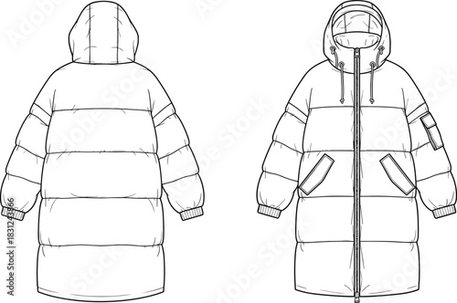 Oversized Puffer Coat Technical Sketch, Front and Back Views, Long Padded Jacket Flat Vector Illustration, Winter Apparel Design Template, Outerwear